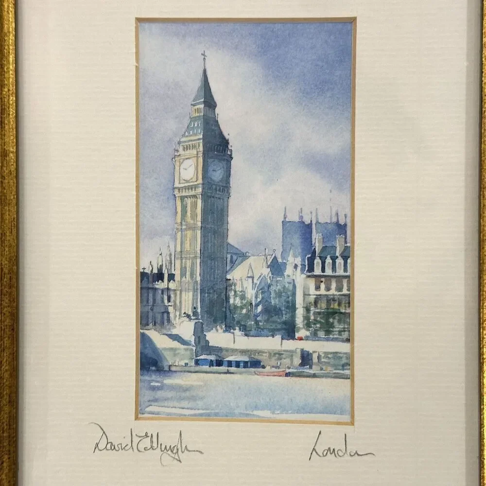 2 DAVID EDDINGTON vintage watercolour/lithograph of London Skyline Signed